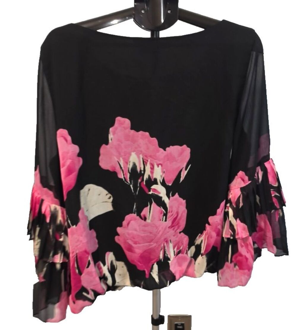 Alfani Black Pink Floral Blouse Shirt Top Size XL Romantic Layer Sleeves - Picture 2 of 3